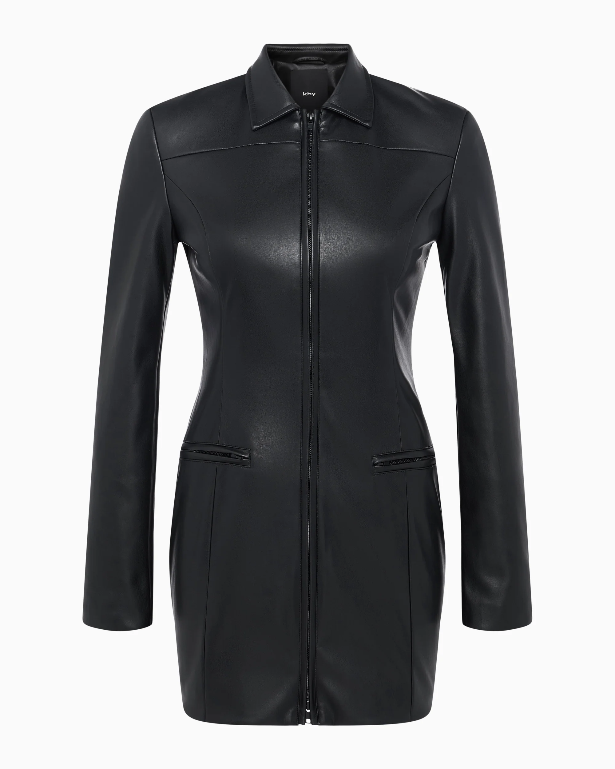 Faux Leather Collared Mini Dress | Black - Image 2