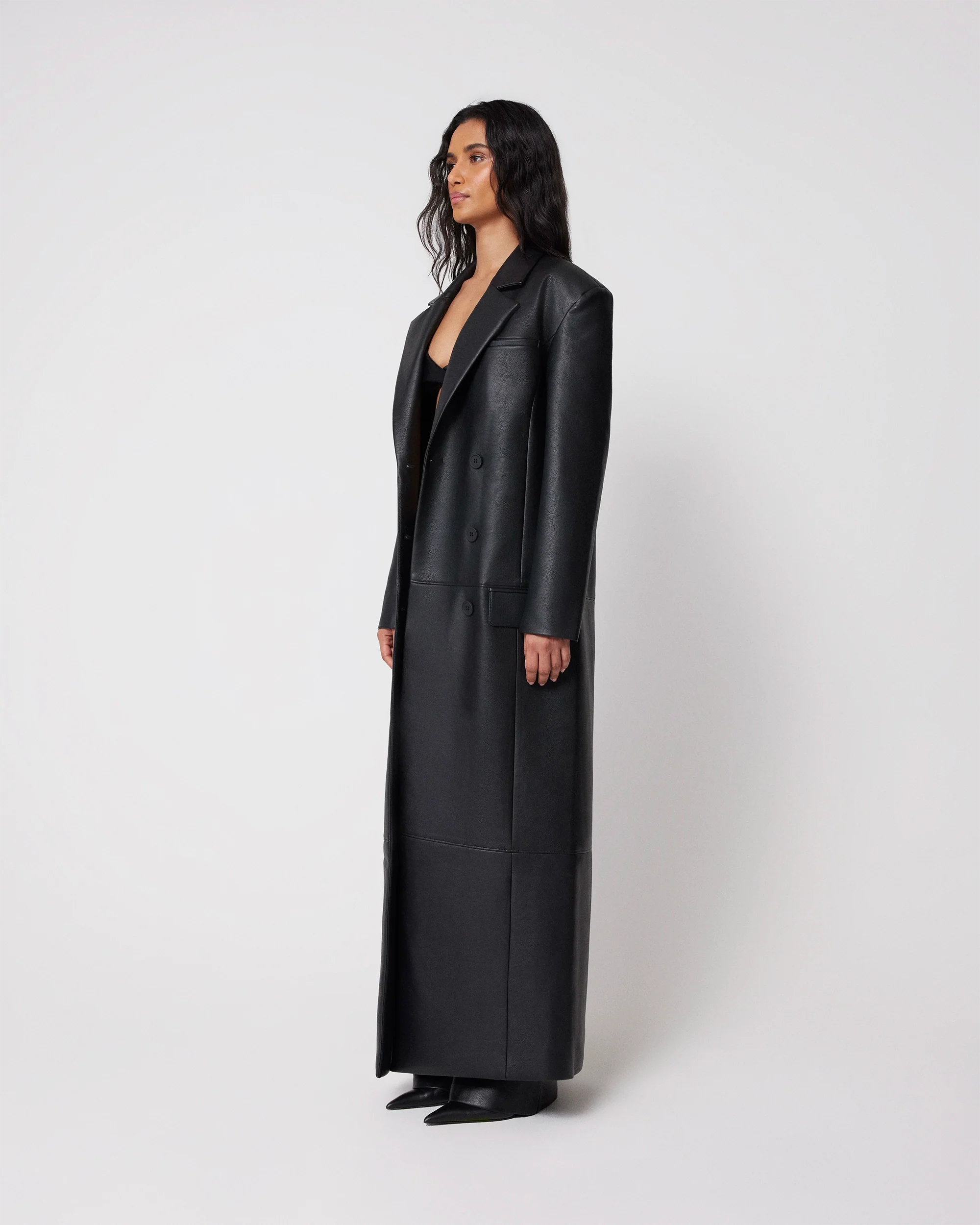Faux Leather Double Breasted Long Coat | Black - Image 3