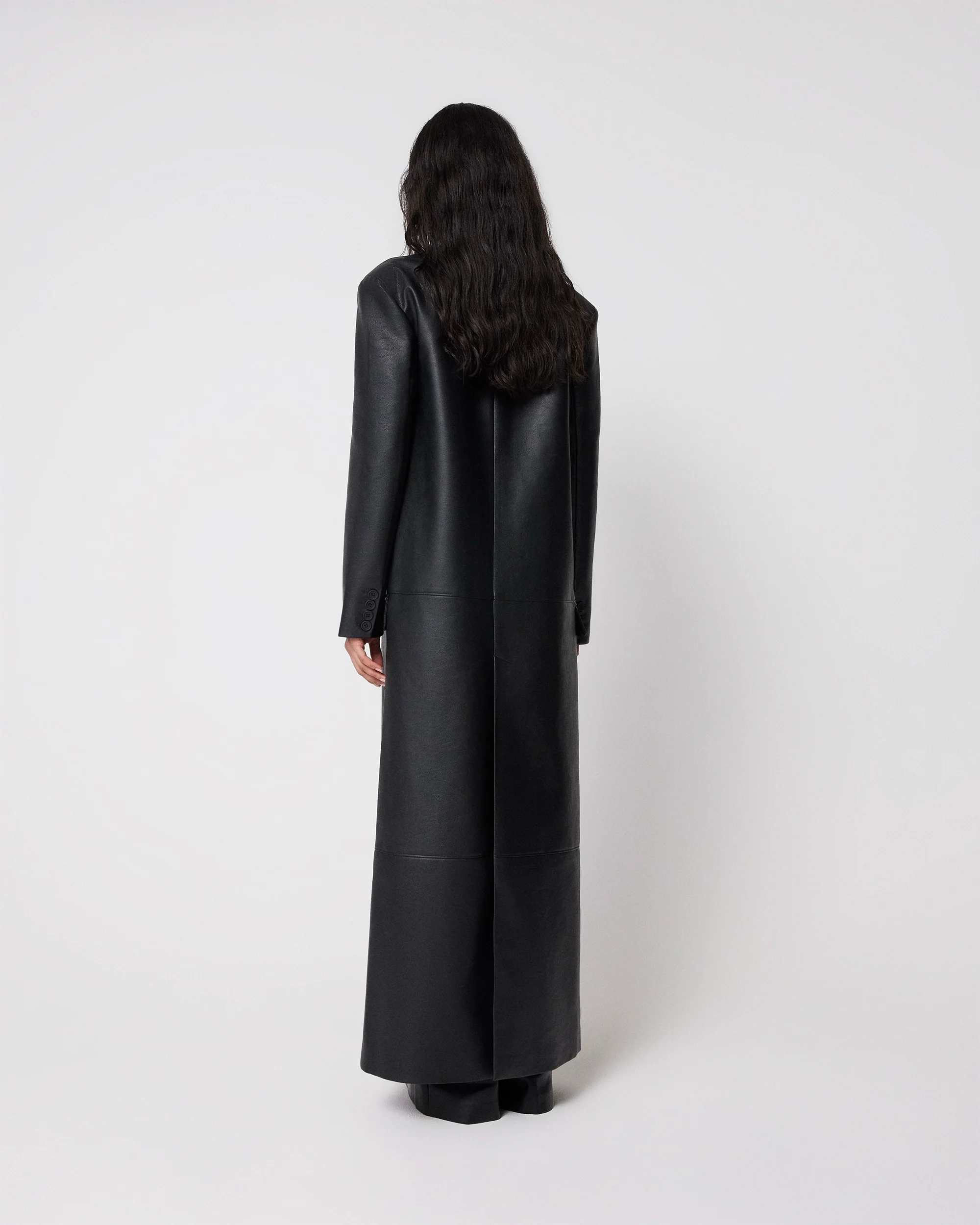 Faux Leather Double Breasted Long Coat | Black - Image 4