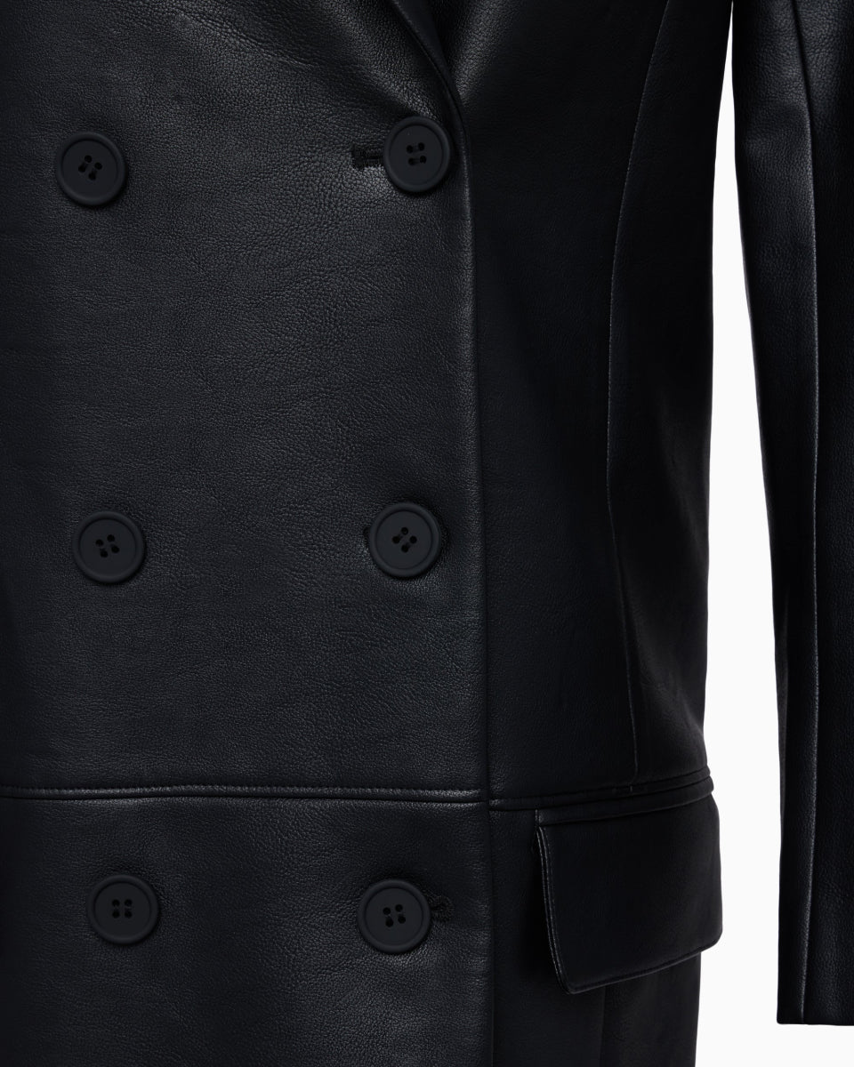 Faux Leather Double Breasted Long Coat | Black - Image 6