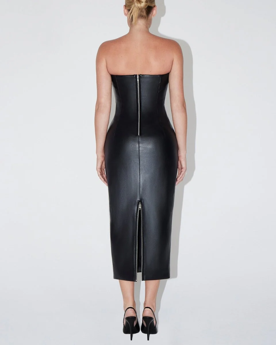 Faux Leather Strapless Long Dress | Black - Image 5