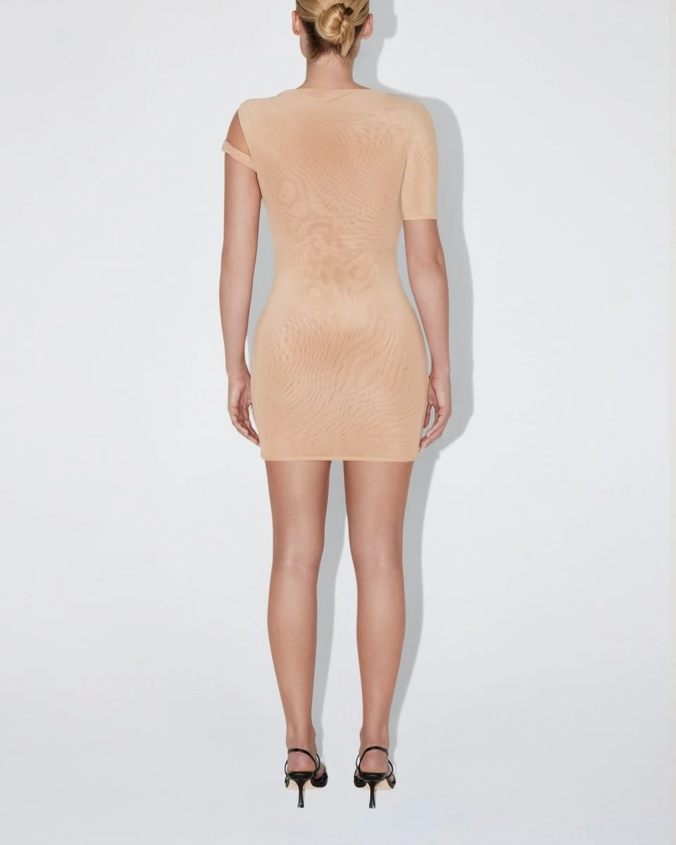 Mesh Stretch Twist Mini Dress | Nude - Image 5