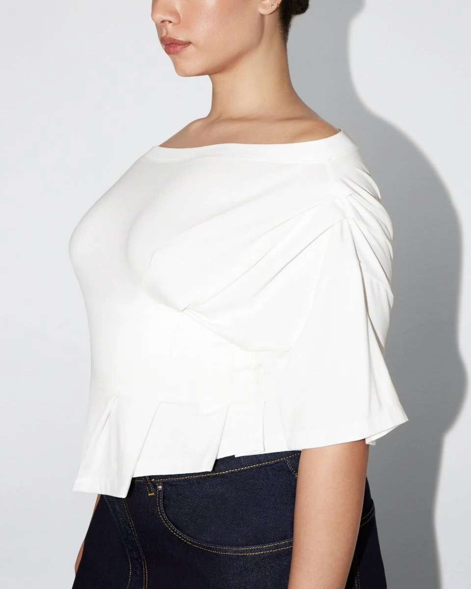 Off the Shoulder Cinching Tee | White - Image 11