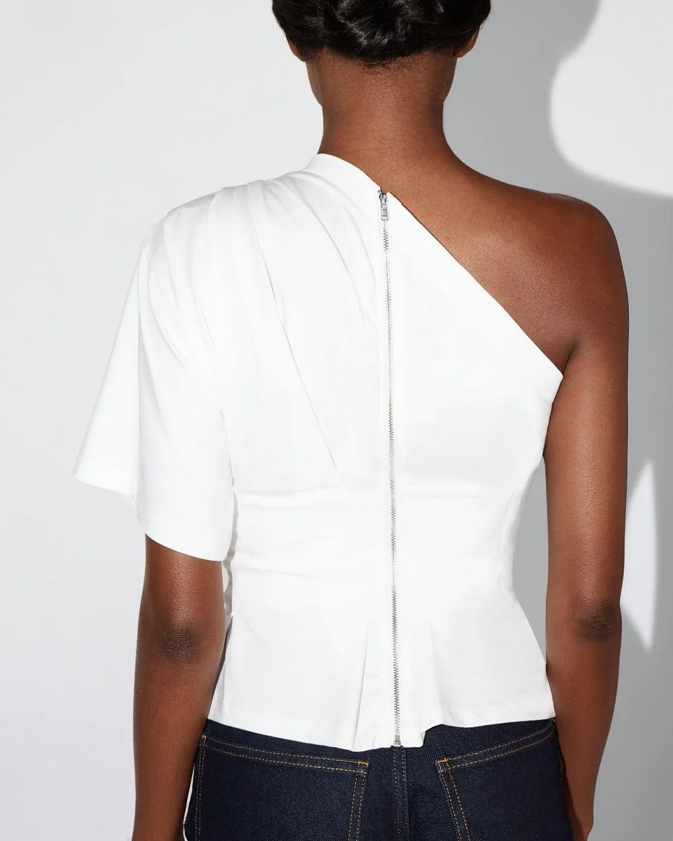 One Shoulder Cinching Tee | White - Image 7