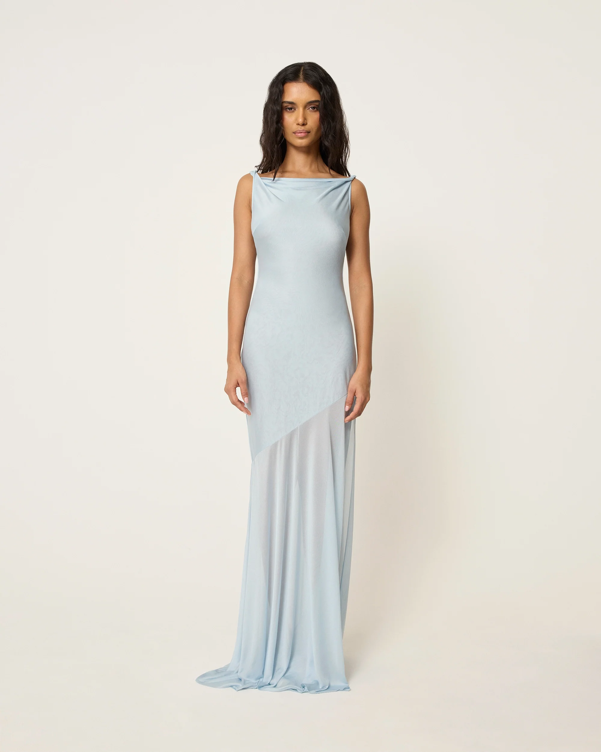 Sheer Draped Long Dress | Lt Blue