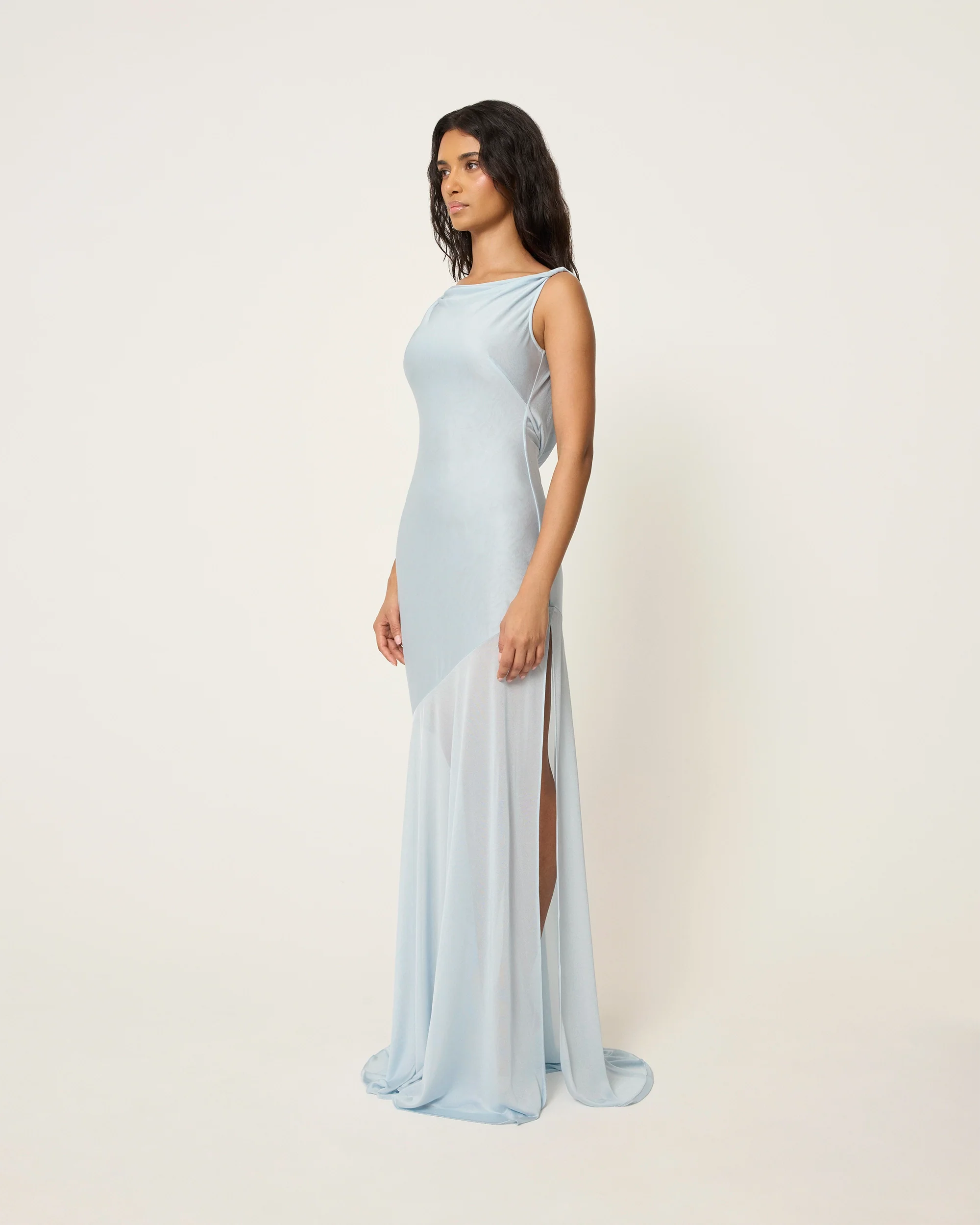 Sheer Draped Long Dress | Lt Blue - Image 3