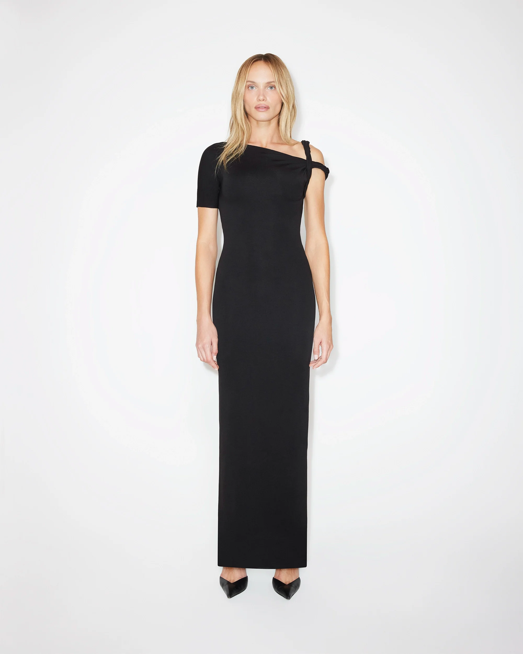 Sueded Stretch Twist Maxi Dress | Black