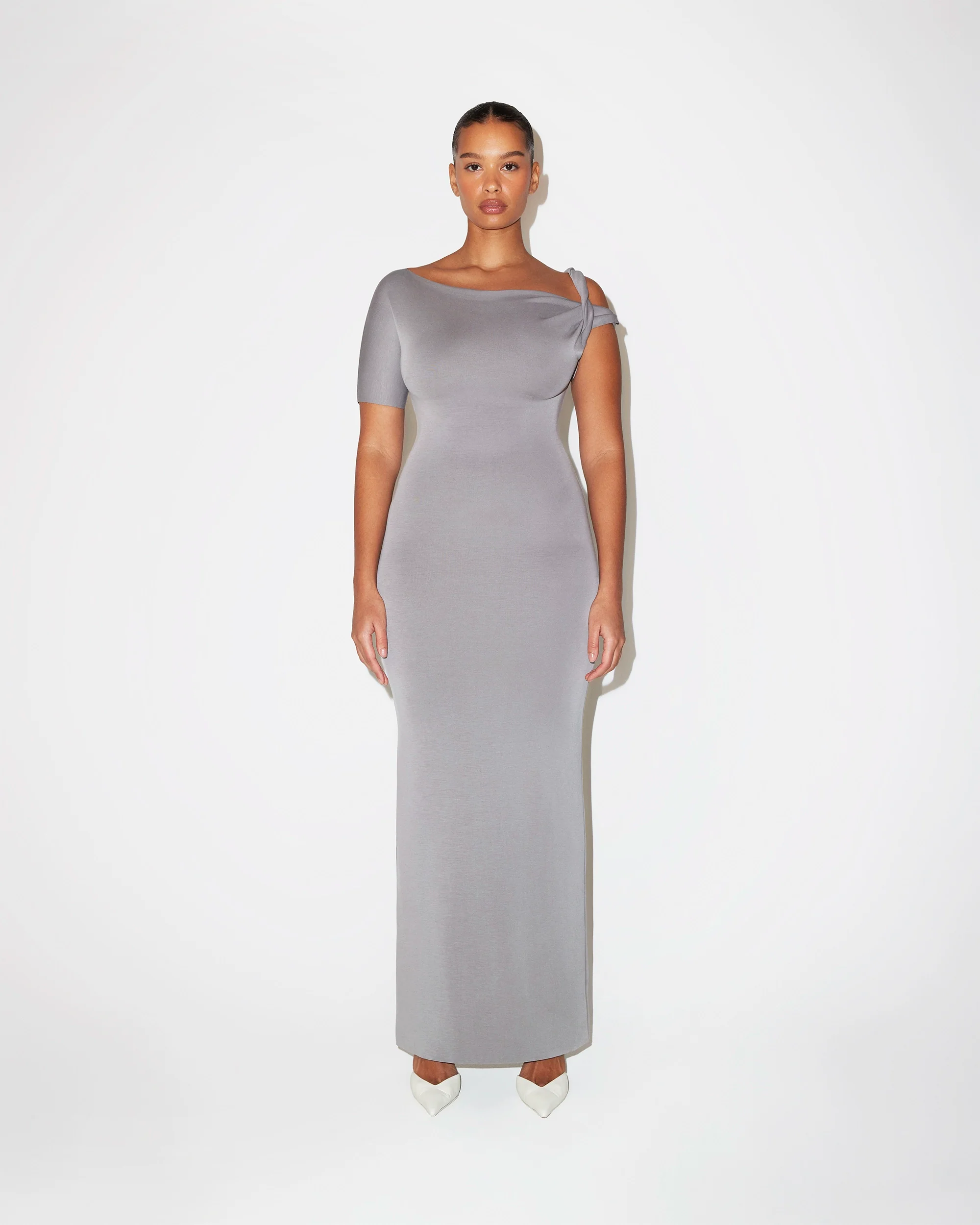 Sueded Stretch Twist Maxi Dress | Steel Grey