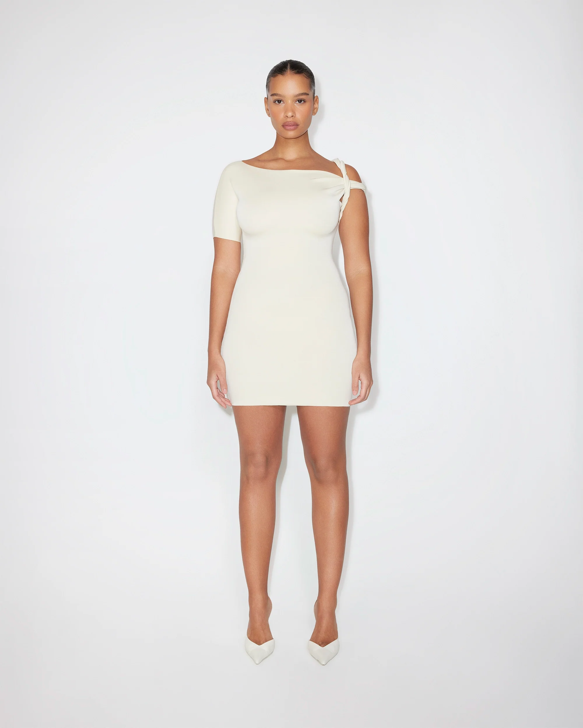 Sueded Stretch Twist Mini Dress | Stone